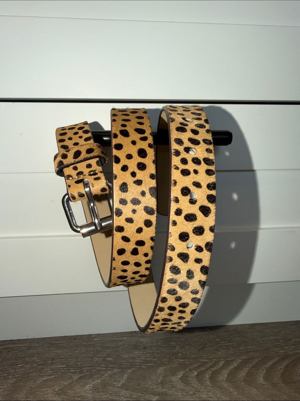 LOFT Leopard Print Haircalf Belt in Tan and Black with Silver Buckle